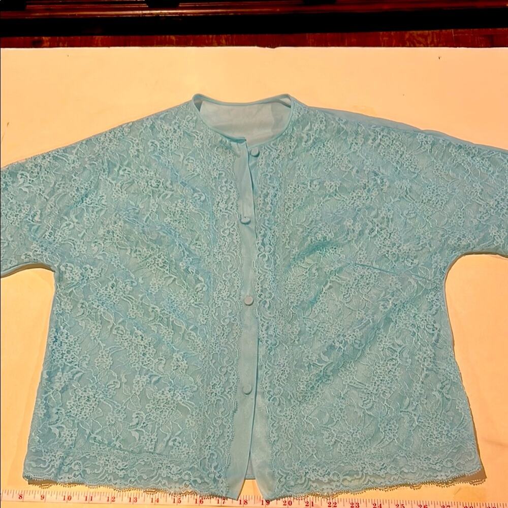 Vintage Powder Blue Lace Bed Jacket | Button Front | Romantic Cottagecore 80’s